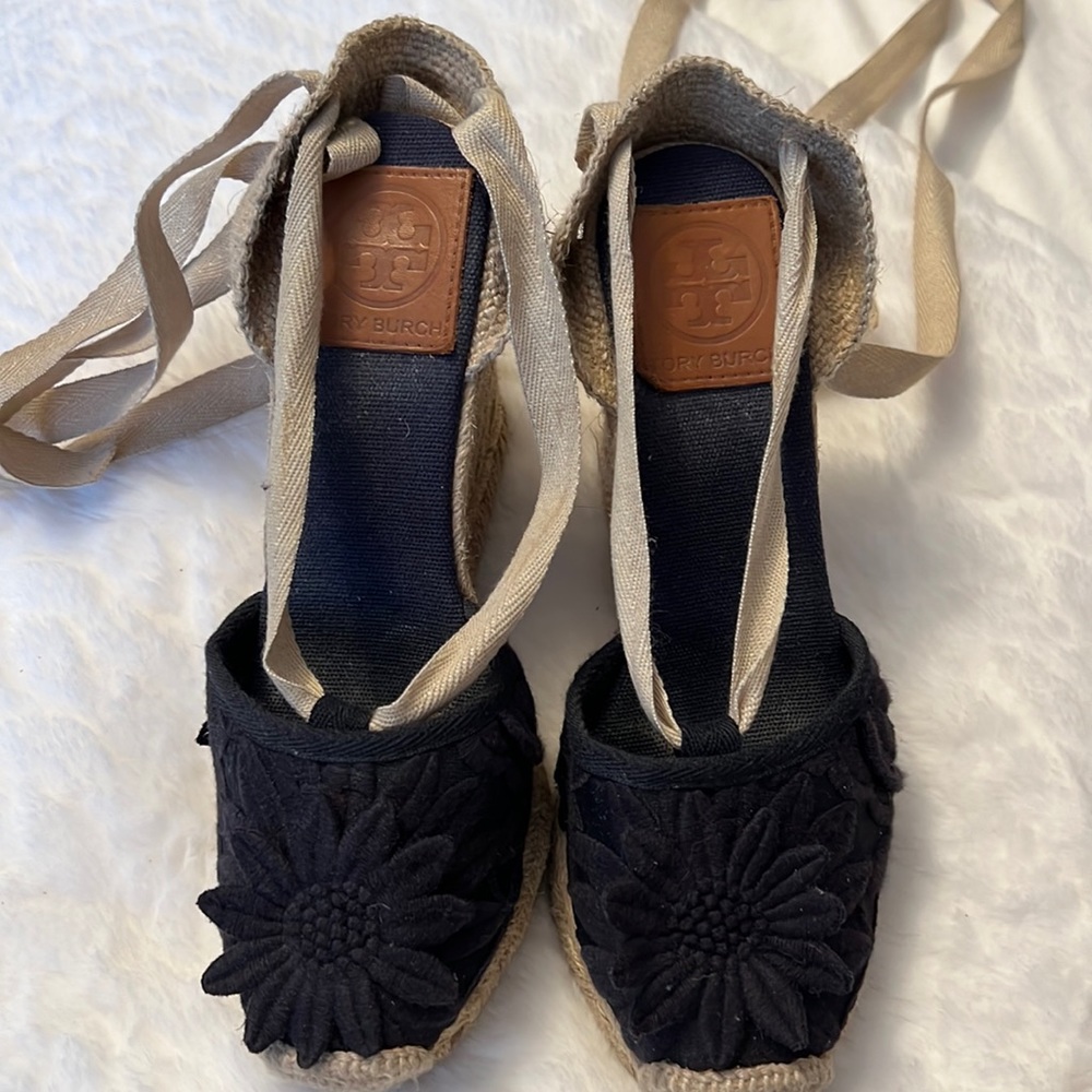 Tory Burch navy espadrille sandal wedge
